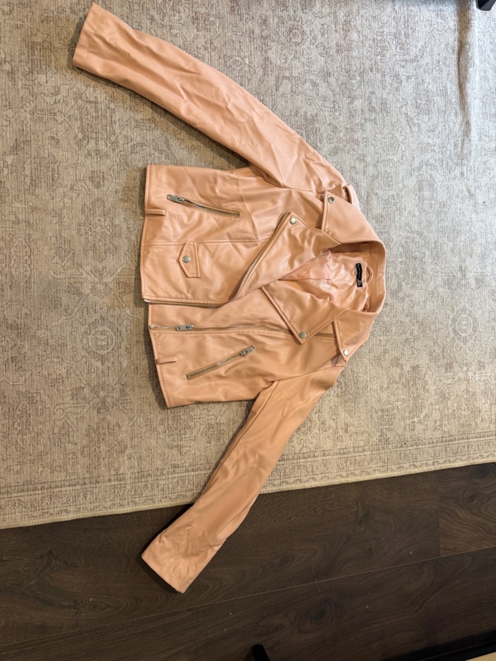 Black Tape_ Peach Faux Leather Moto Jacket